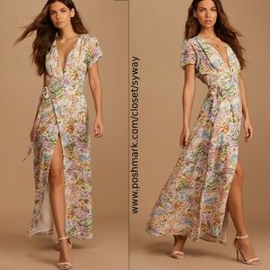 Lulus Feels Magical Ivory Floral Print Short Sleeve Wrap Maxi Dress